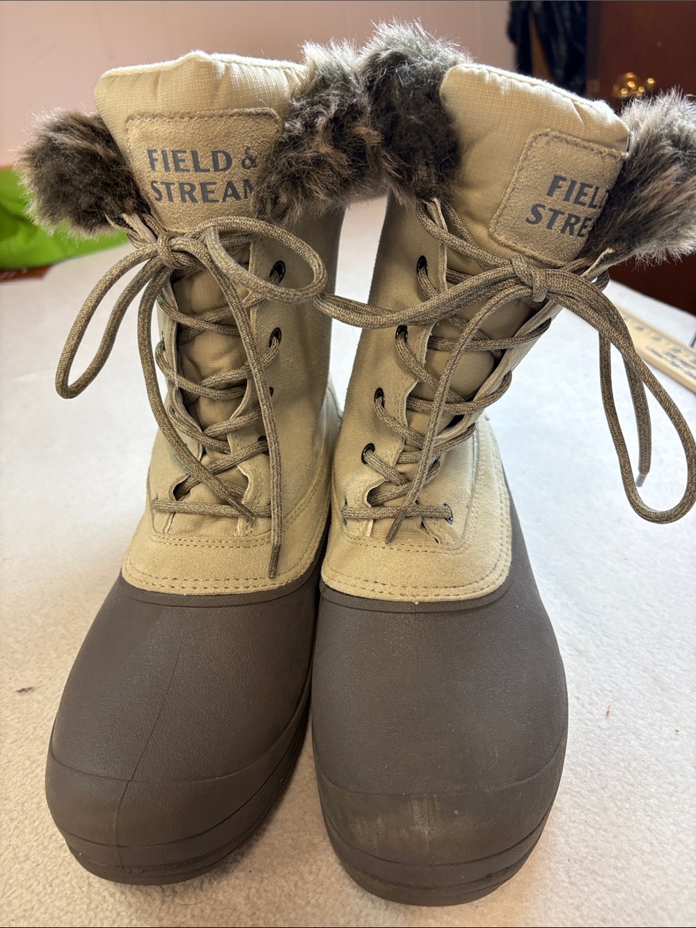 Field & Stream Women's Tan and Brown Lace-Up Winter Boots with Faux Fur Cuff